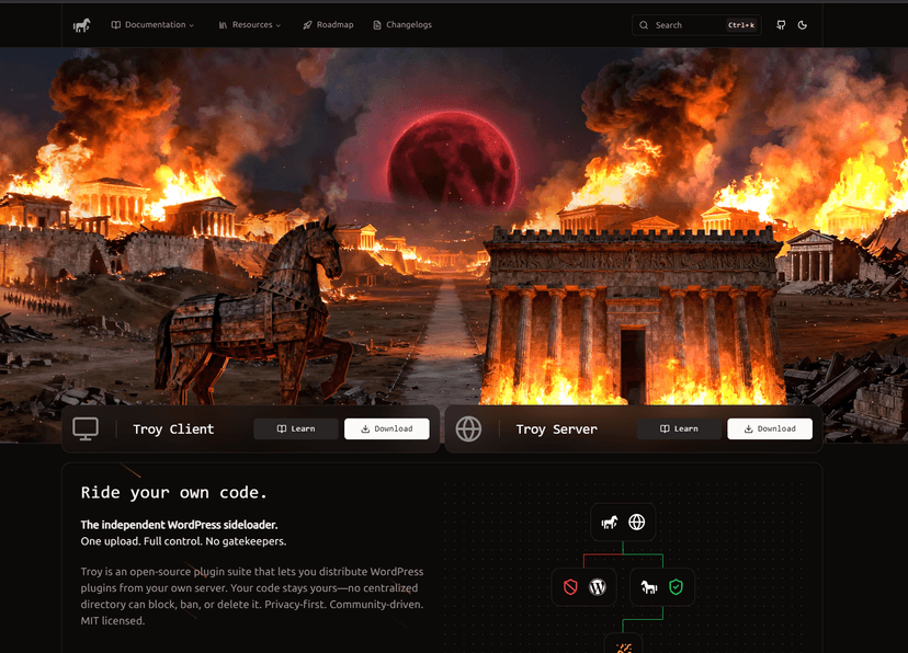 Page d'accueil du site deploytroy.org avec le slogan Ride your own code