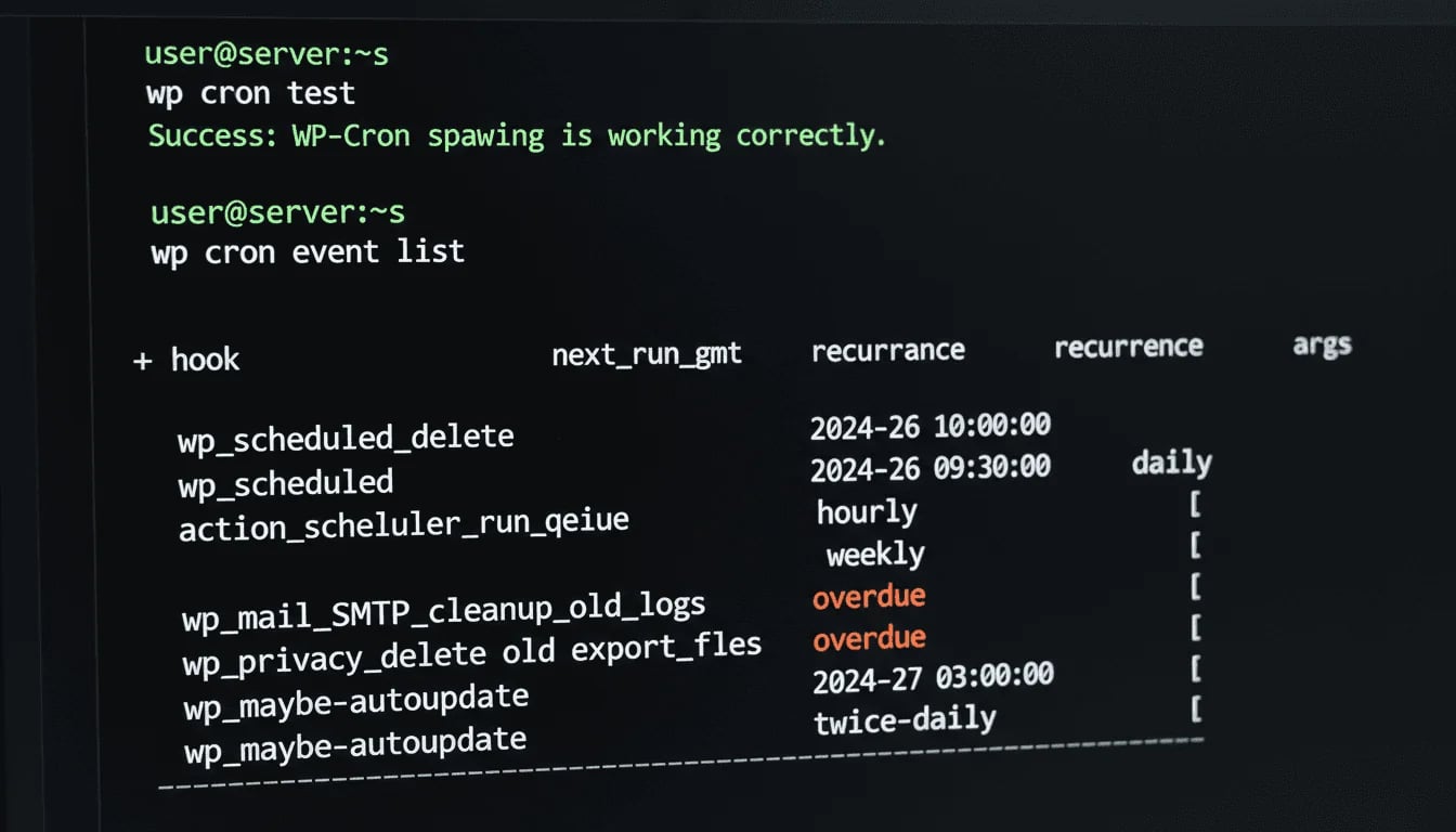 Terminal WP-CLI montrant le résultat des commandes wp cron test et wp cron event list