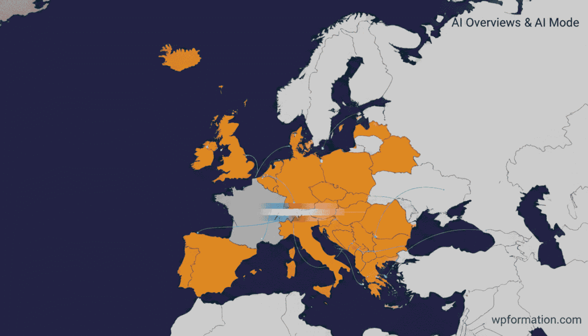 Carte d'Europe stylisée montrant les 9 pays où Google AI Overviews et AI Mode sont déployés en orange, tandis que la France apparaît en gris avec un dégradé tricolore subtil pour signaler son absence du déploiement