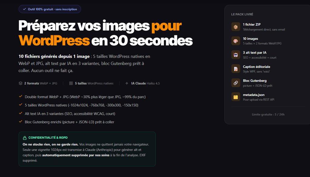 Optimiseur d'images WordPress WPFormation : interface principale avec claims pack ZIP, 5 tailles et IA Claude Haiku