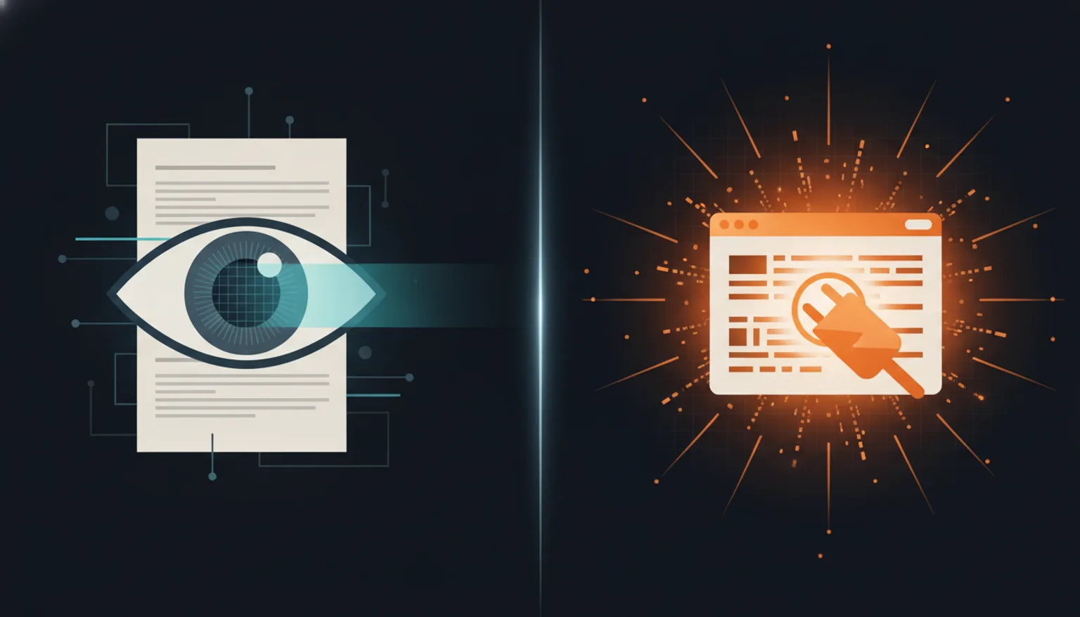 À gauche un site lu passivement par une IA, à droite un site interrogé activement via un connecteur