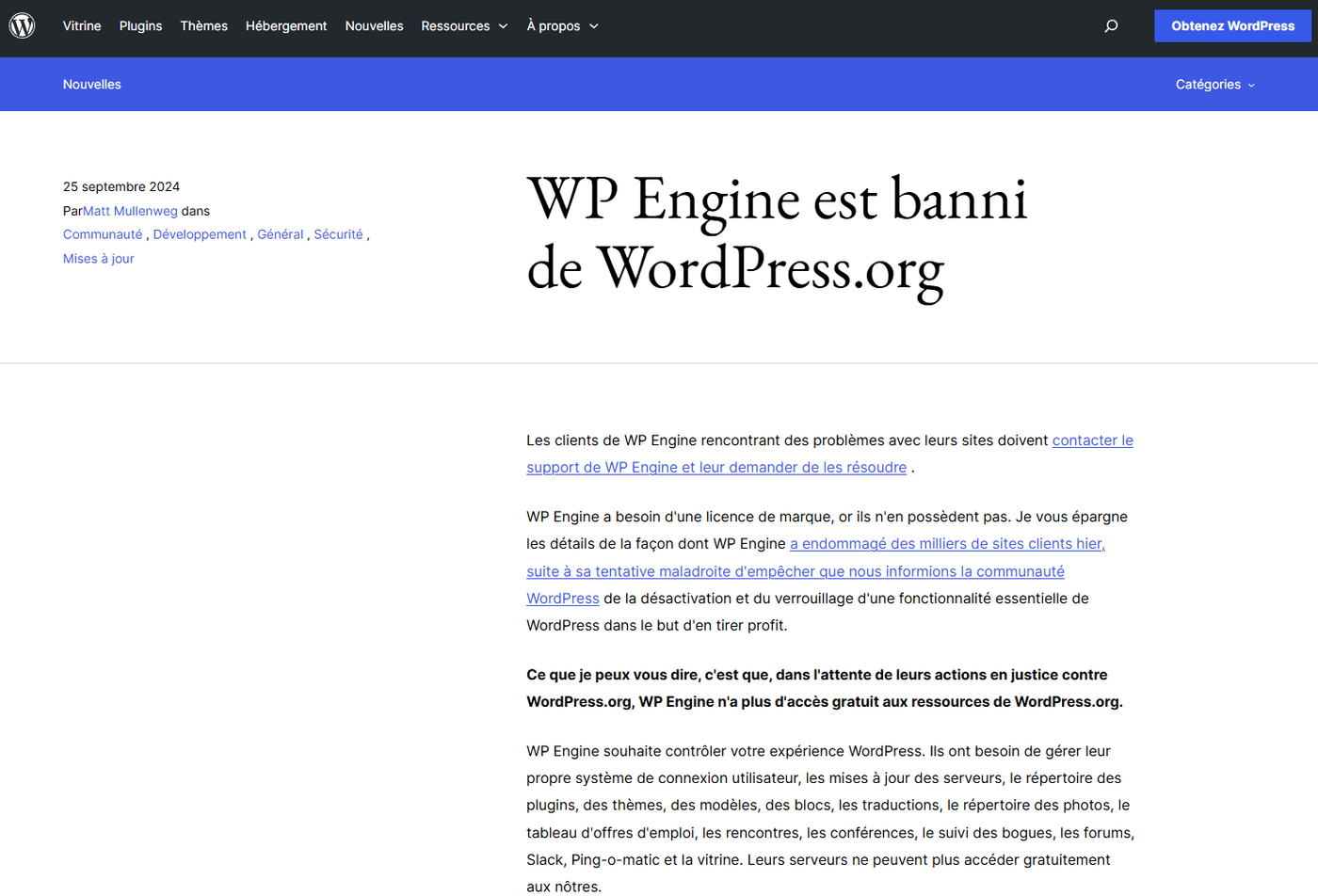 Billet officiel WP Engine est banni de WordPress.org par Matt Mullenweg, 25 septembre 2024
