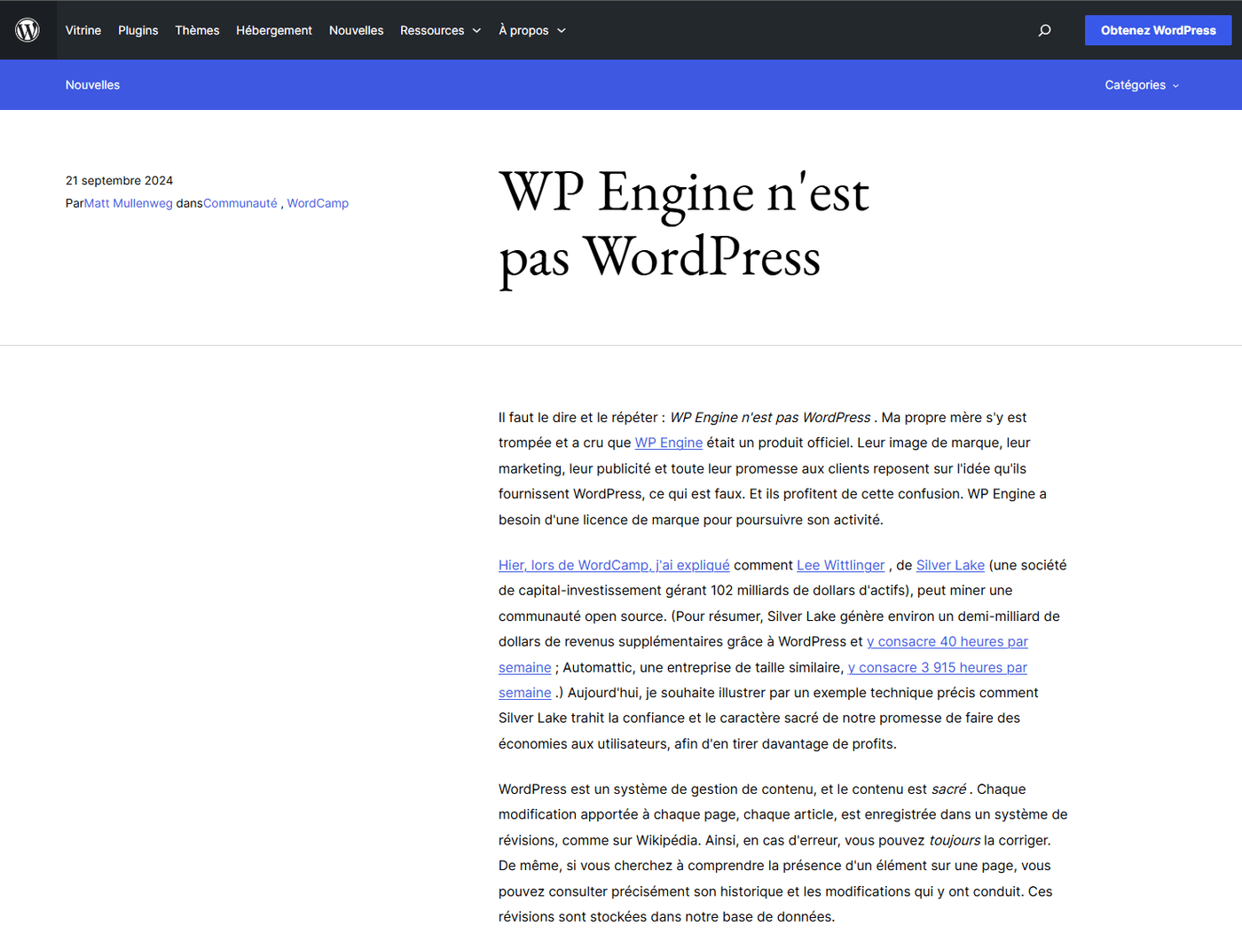 Billet WP Engine n'est pas WordPress de Matt Mullenweg sur WordPress.org, 21 septembre 2024