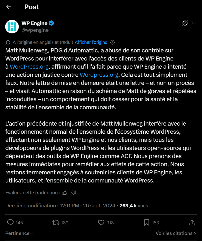 Tweet de WP Engine du 26 septembre 2024 accusant Matt Mullenweg d'abus de controle sur WordPress