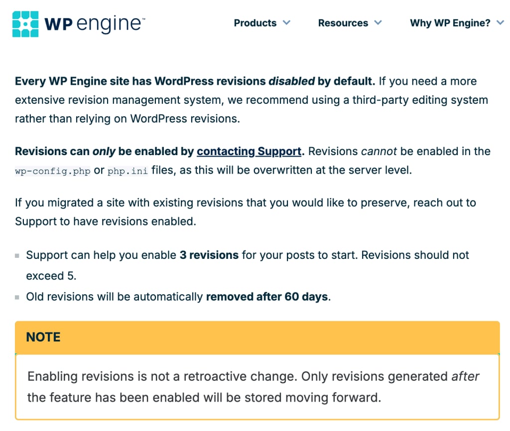 Documentation WP Engine indiquant que les révisions WordPress sont désactivées par défaut