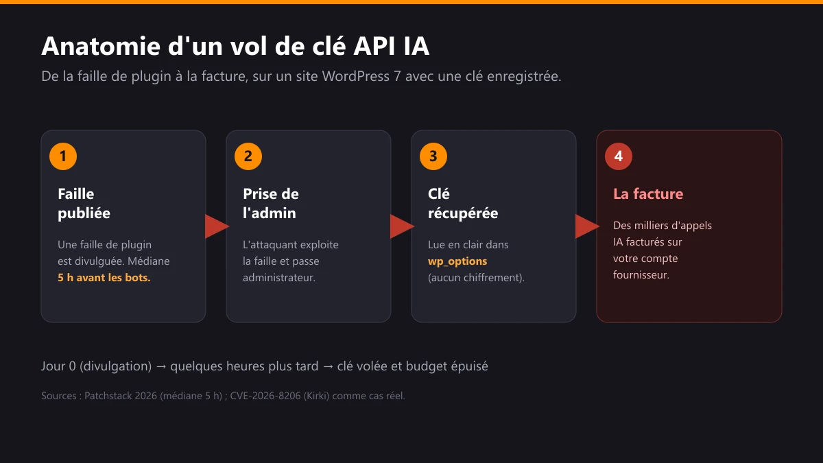 Anatomie d'un vol de clé API en quatre étapes : faille de plugin publiée, prise de l'admin, clé récupérée en clair, facture IA frauduleuse