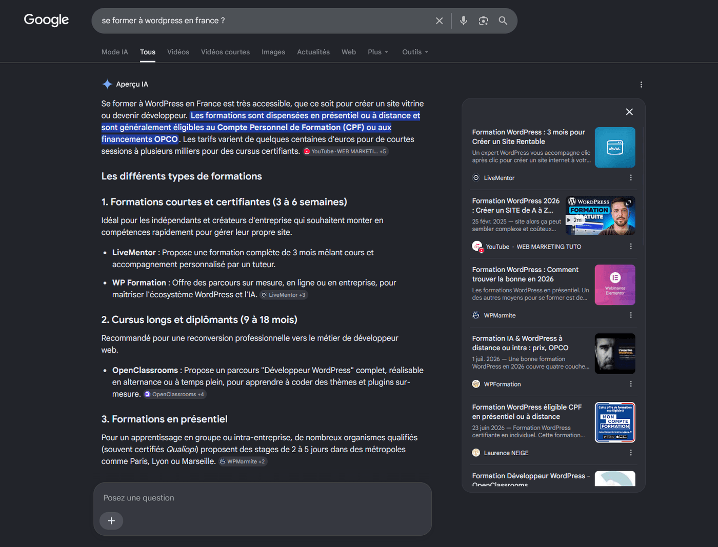 Aperçu IA de Google sur la recherche se former à WordPress en France, avec WP Formation cité parmi les sources