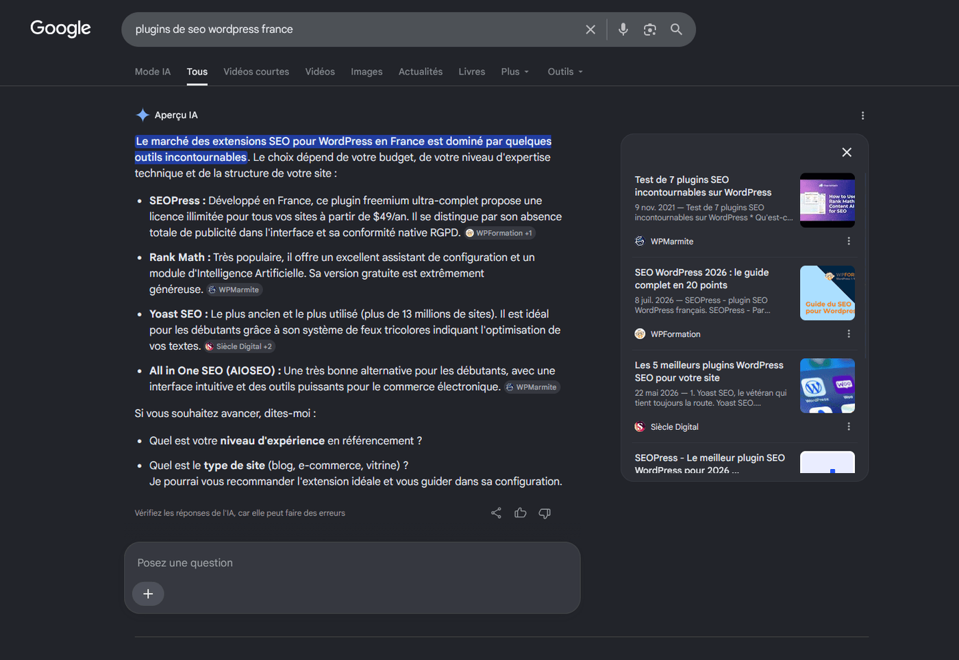 Aperçu IA de Google sur la recherche plugins de SEO WordPress en France, avec WP Formation cité dans les sources
