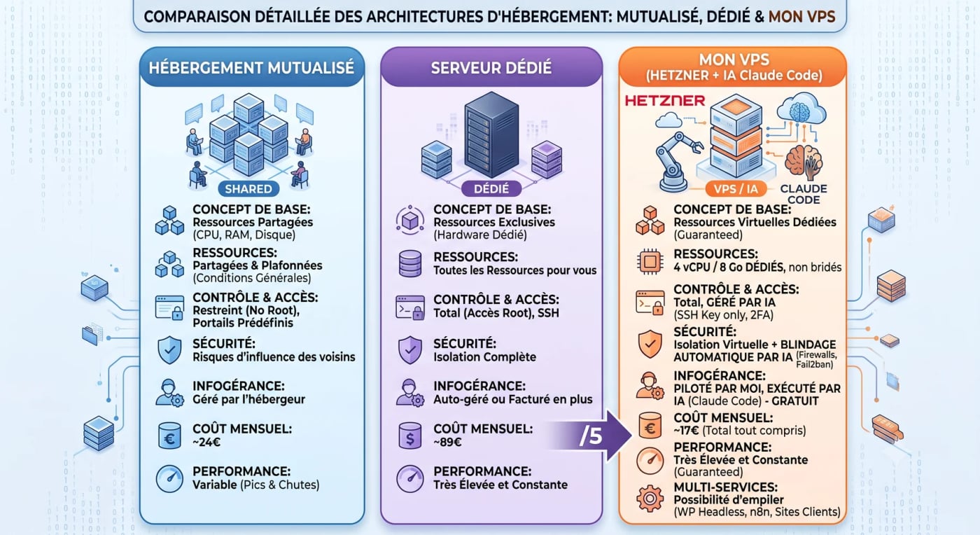 Comparatif des architectures d'h&eacute;bergement WordPress : mutualis&eacute;, serveur d&eacute;di&eacute; et VPS Hetzner pilot&eacute; par une IA