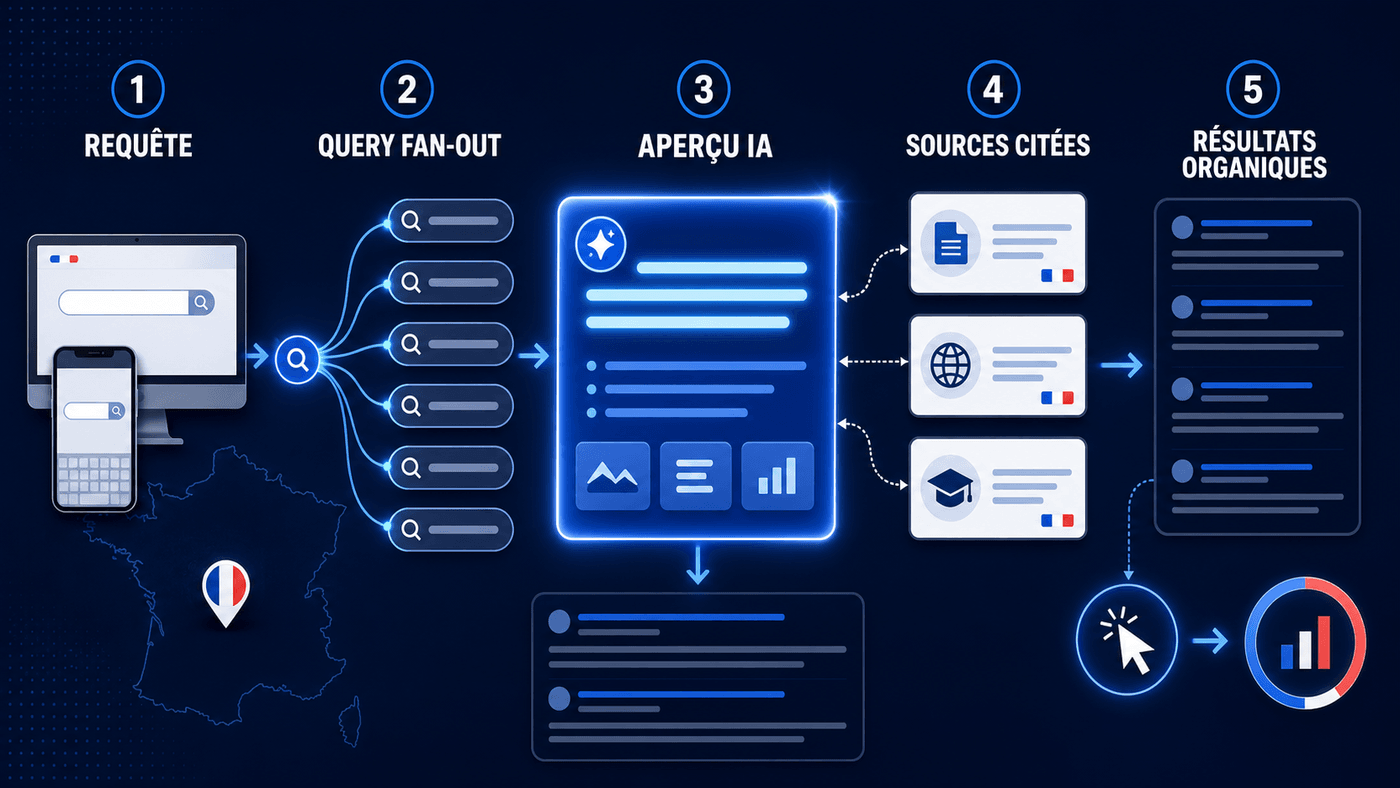 Fonctionnement des AI Overviews de Google en 5 étapes : requête, query fan-out, Aperçu IA, sources citées, résultats organiques