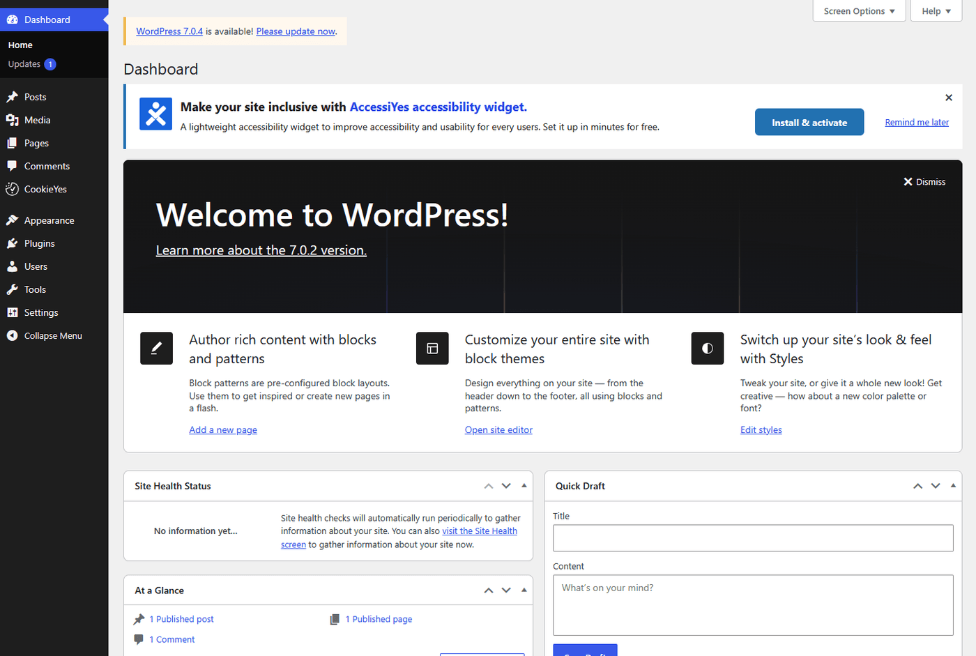 Notice CookieYes proposant l'installation d'AccessiYes