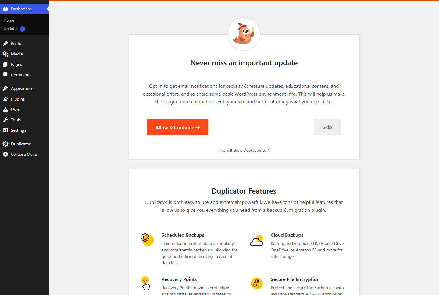 Écran Duplicator demandant email marketing et données techniques