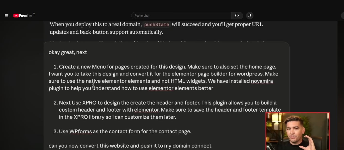 Prompt demandant à Claude des éléments Elementor natifs sans widget HTML