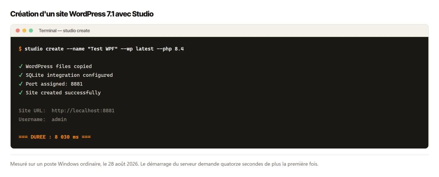 Terminal montrant la création d'un site WordPress 7.1 par Studio en 8 030 millisecondes.