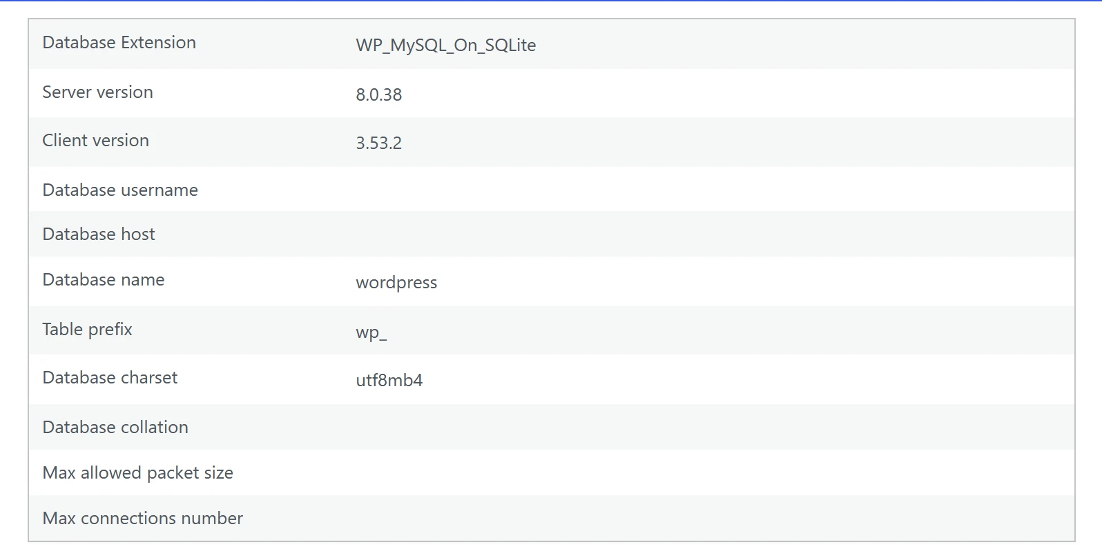 Informations système du site Studio : WordPress annonce MySQL 8.0.38 alors que le client est SQLite 3.53.2.