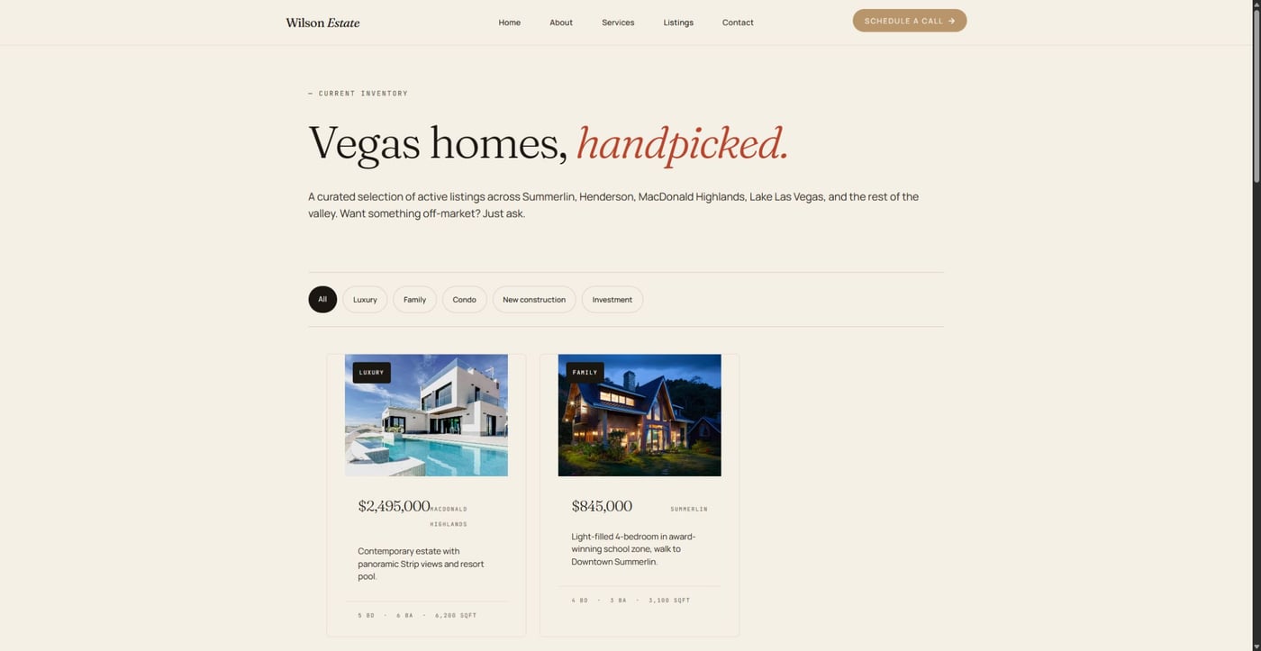 Page immobilière générée avec NovaMira et Elementor sur Wilson Vegas