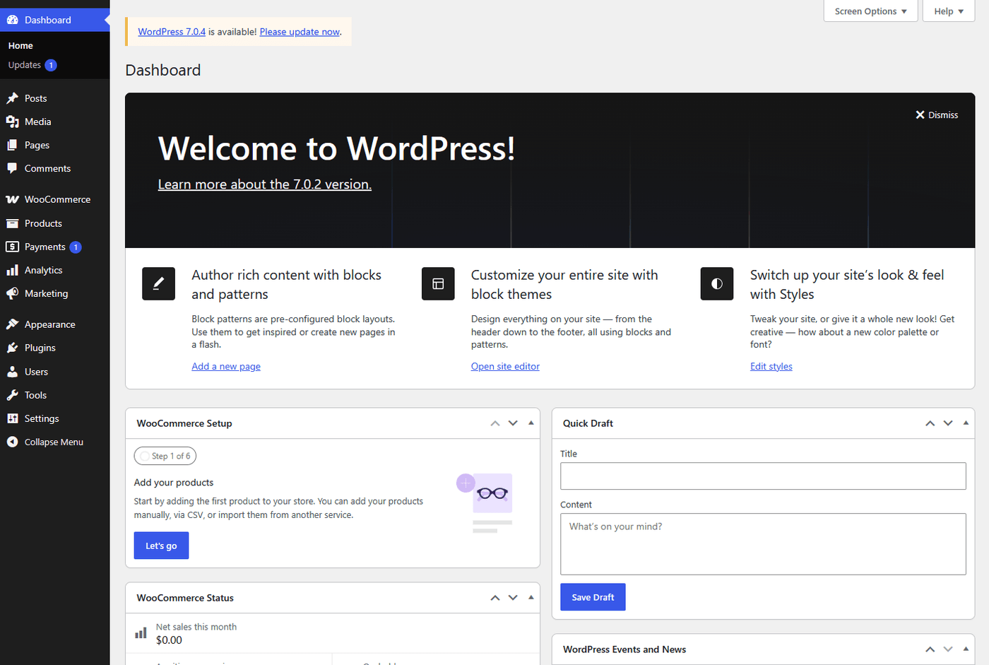 Menus et widgets ajoutés par WooCommerce dans WordPress