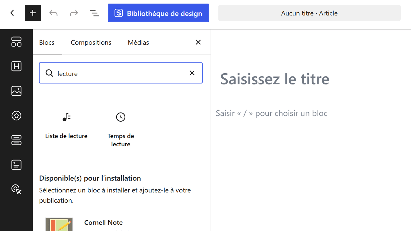 Inséreur de blocs WordPress 7.1 affichant le bloc Liste de lecture