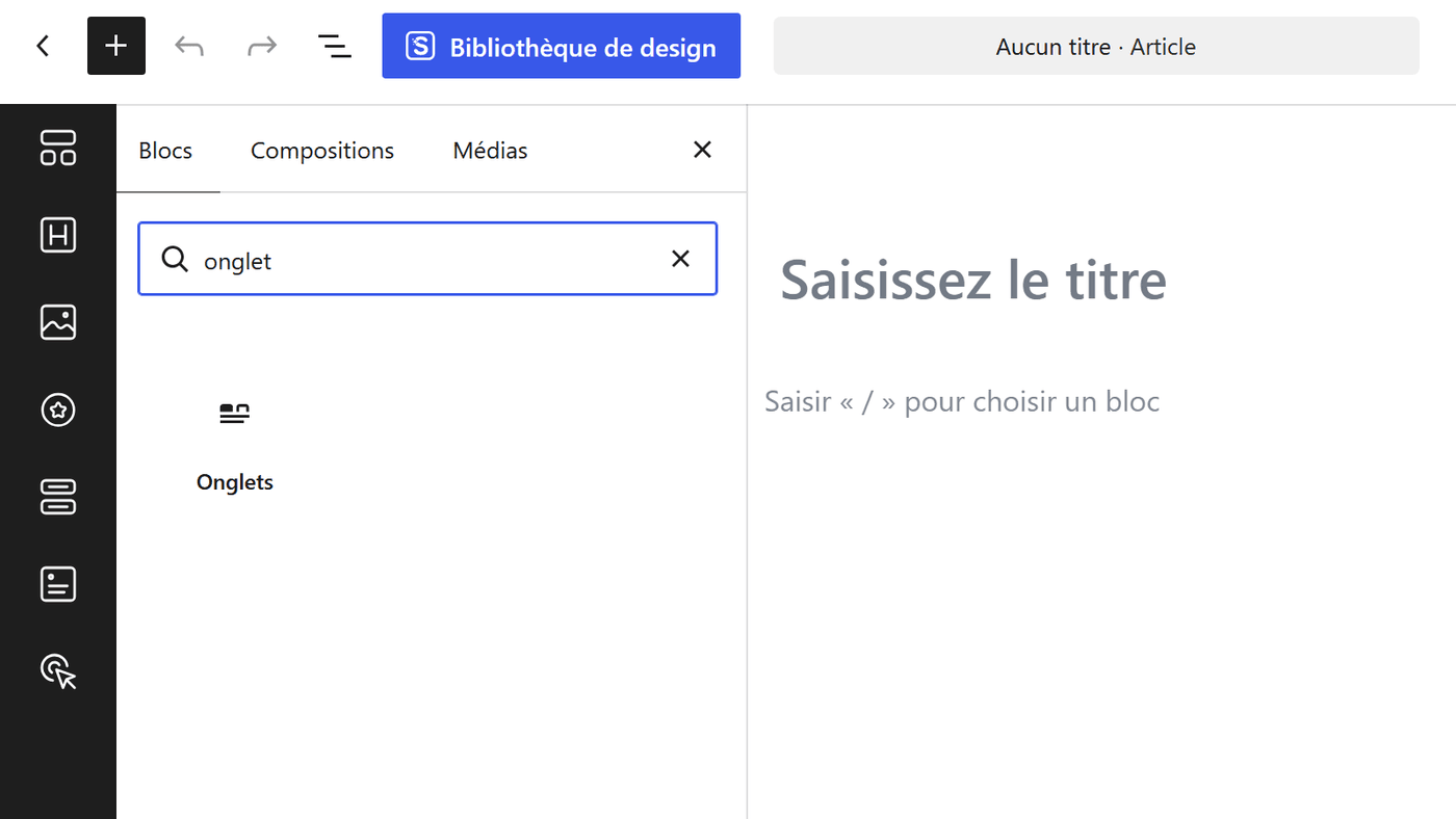 Inséreur de blocs WordPress 7.1 affichant le nouveau bloc Onglets