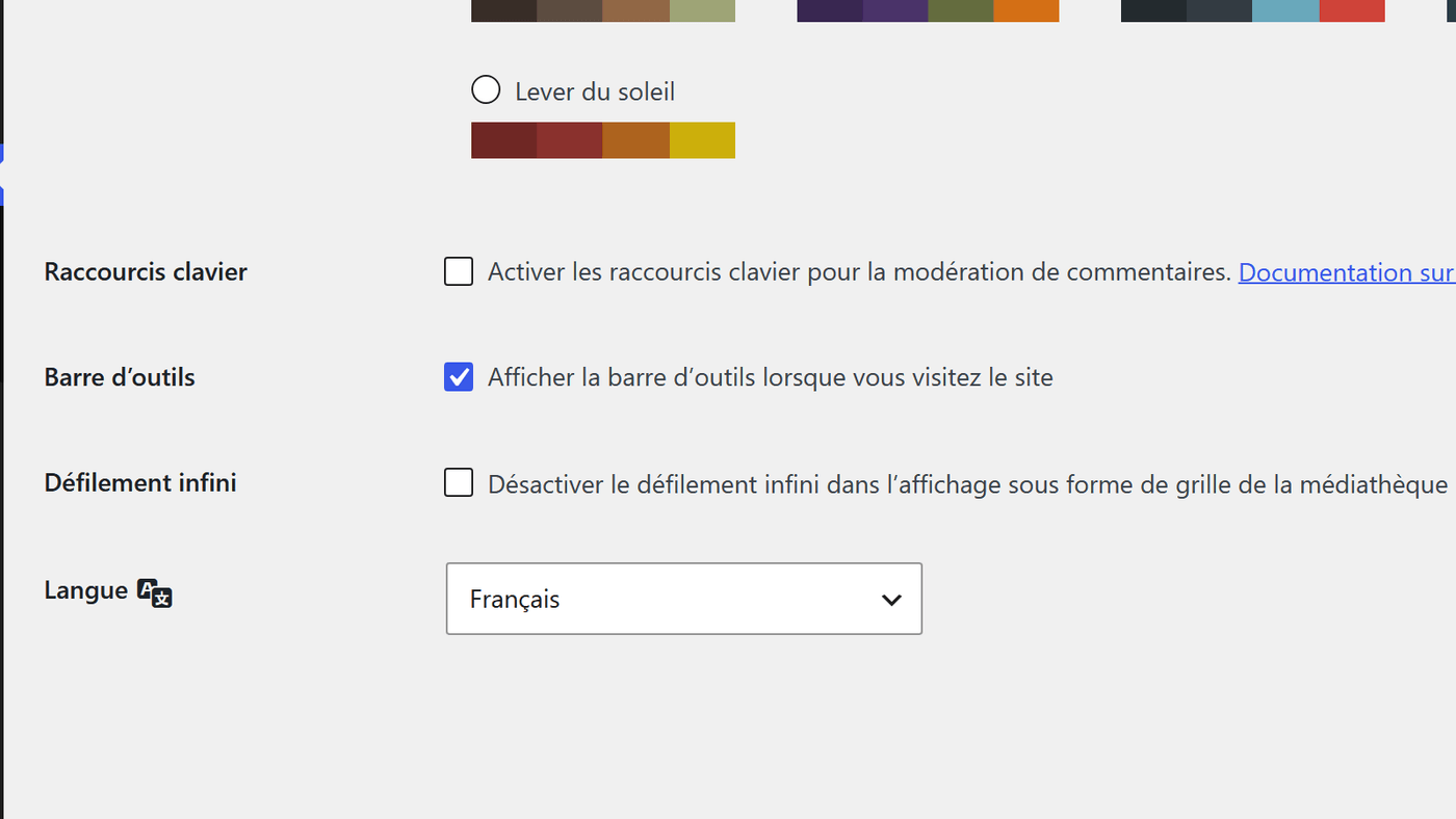 Options personnelles du profil WordPress 7.1 avec la case pour désactiver le défilement infini