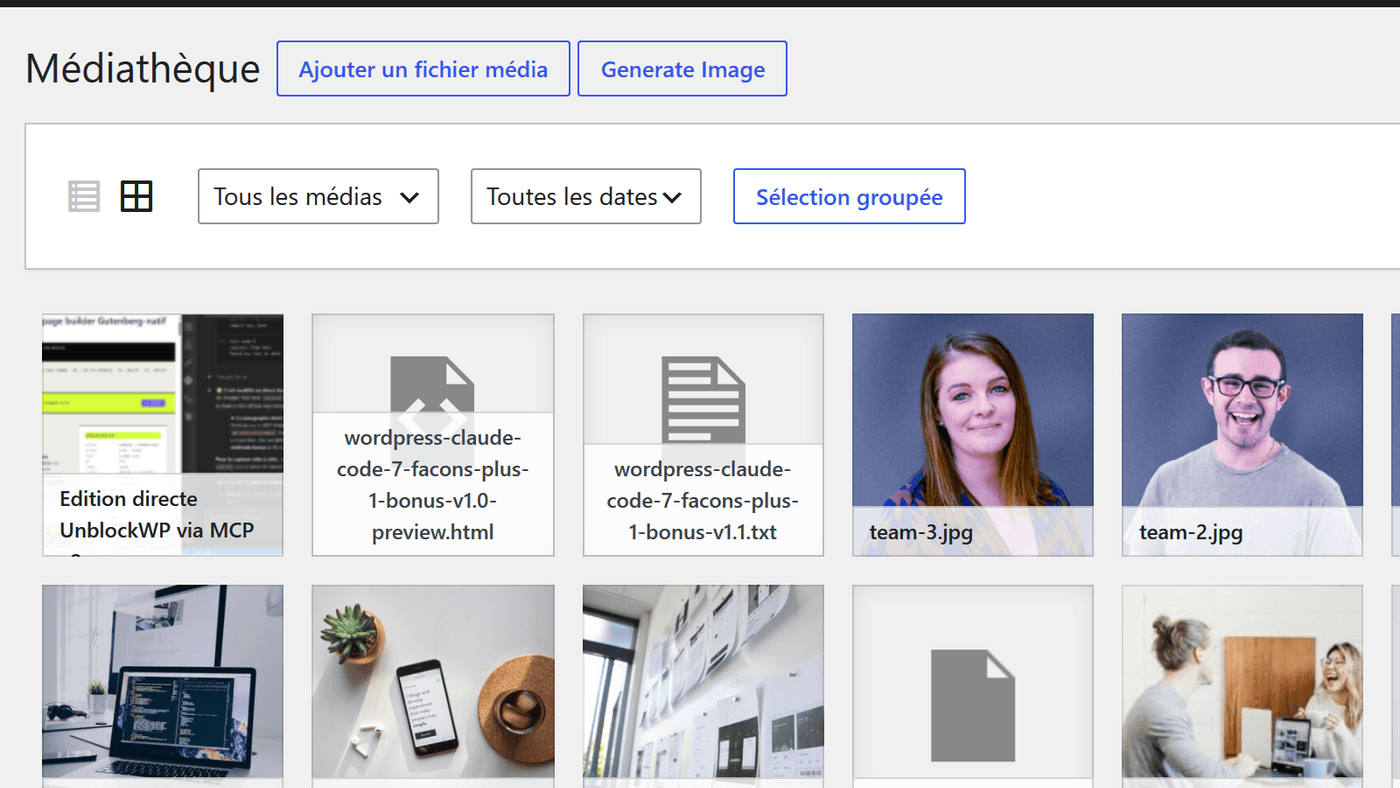 Médiathèque WordPress 7.1 en mode grille, le défilement infini est actif par défaut