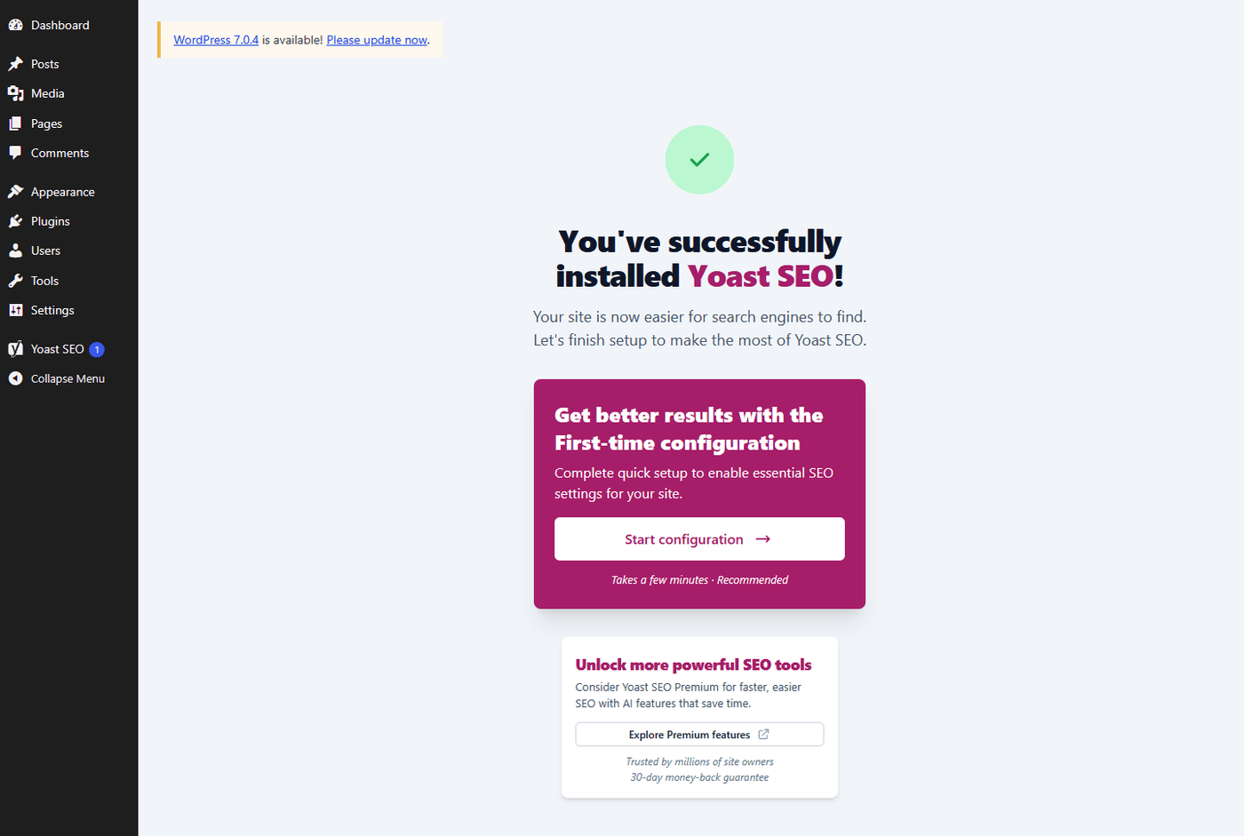 Promotion Yoast SEO Premium sur l'écran de bienvenue