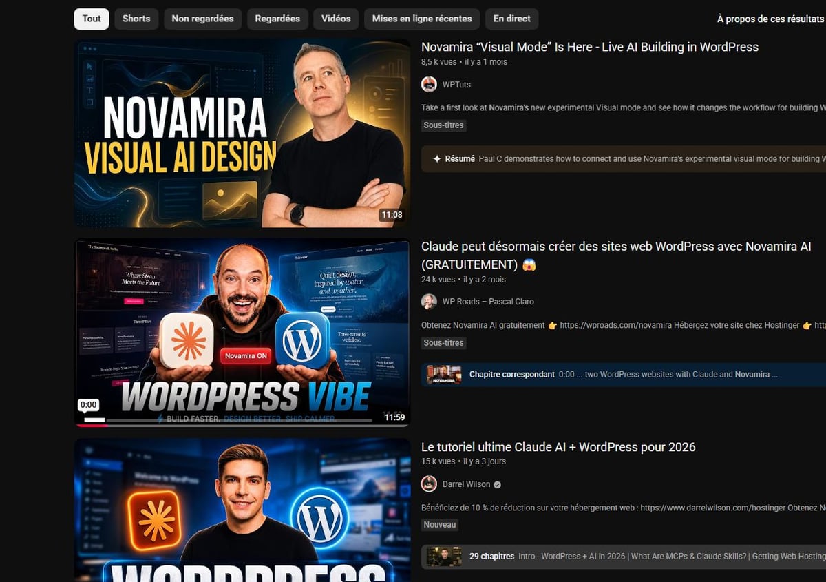 Résultats YouTube associant NovaMira, WordPress et Hostinger