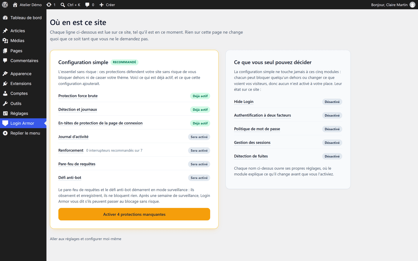 Assistant de configuration de Login Armor 2.8.1 : la configuration simple et les modules que seul l'administrateur peut activer