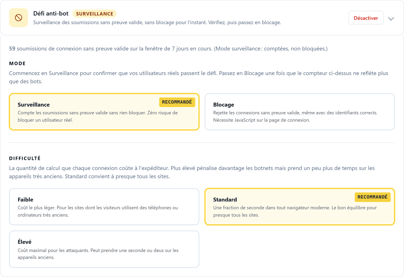 Réglages du défi anti-bot de Login Armor 2.8.1 : compteur de soumissions sans preuve, mode surveillance ou blocage, trois niveaux de difficulté