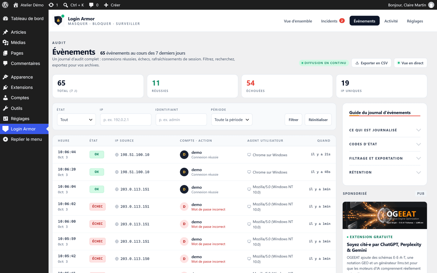 Journal des événements de Login Armor 2.8.1 : connexions réussies et échouées, avec la raison de chaque échec