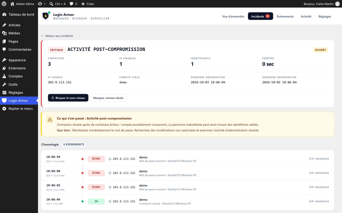 Détail d'un incident d'activité post-compromission dans Login Armor 2.8.1 : trois échecs puis une connexion réussie depuis la même IP