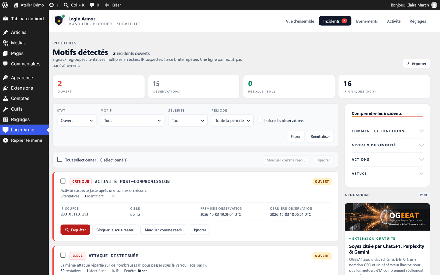 Onglet Incidents de Login Armor 2.8.1 : une activité post-compromission critique et une attaque distribuée de niveau élevé