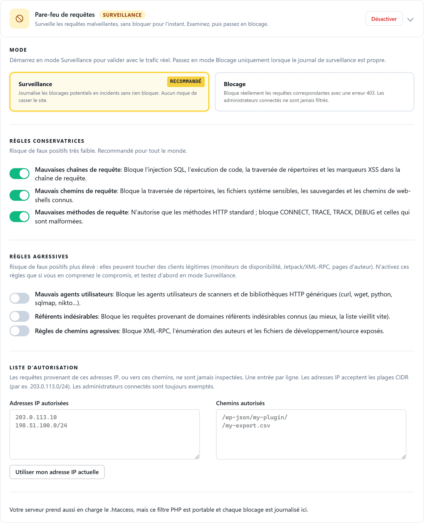 Réglages du pare-feu de requêtes de Login Armor 2.8.1 : mode surveillance, règles conservatrices et agressives, liste d'autorisation
