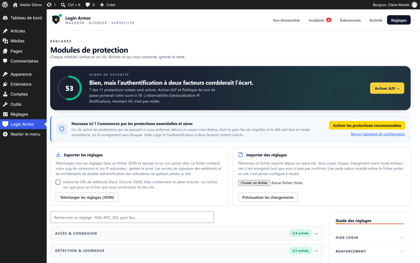 Onglet Réglages de Login Armor 2.8.1 : score de sécurité, protections recommandées, export et import des réglages, recherche