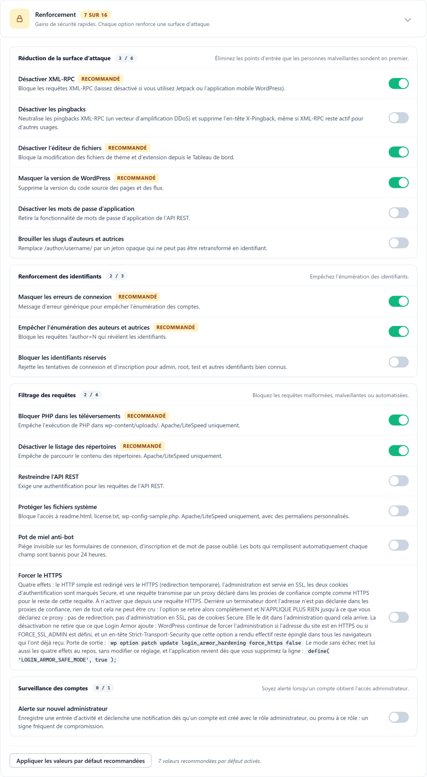Les 16 bascules de renforcement de Login Armor 2.8.1, réparties en quatre groupes