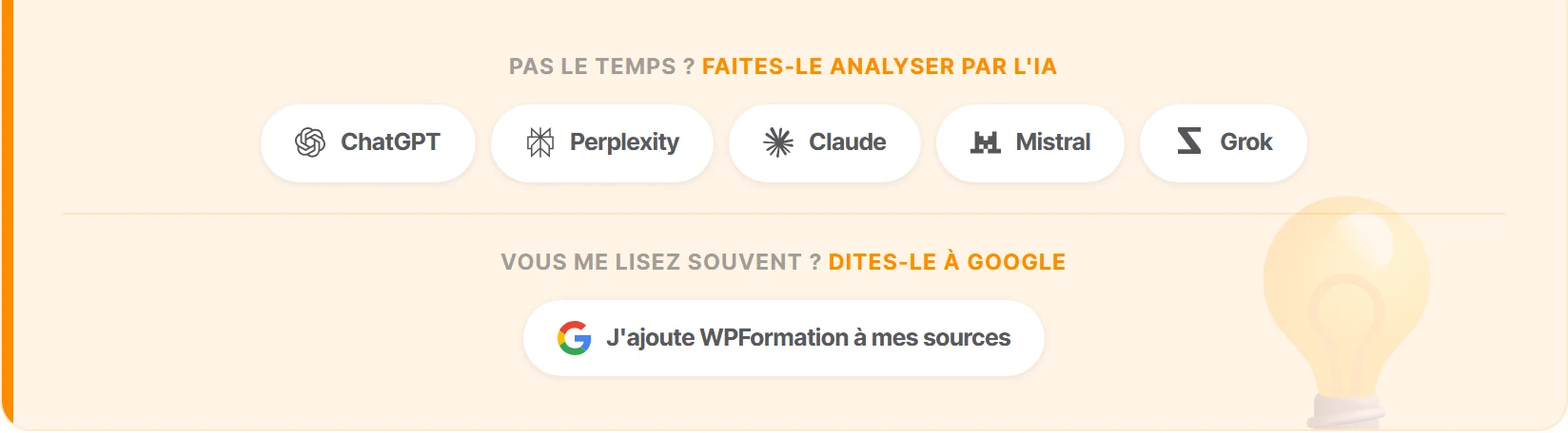 Pilule J'ajoute WPFormation à mes sources sous les boutons d'IA dans le résumé d'un article WPFormation