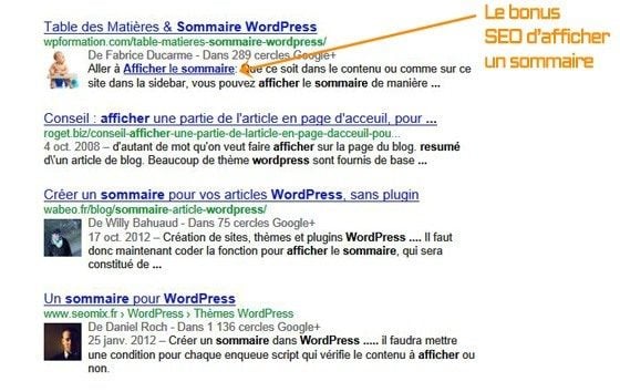 Capture Recherche Sommaire Bonus SEO d'afficher un sommaire sur WordPress