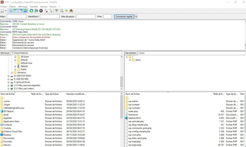 Envoi des fichiers WordPress sur le serveur avec FileZilla