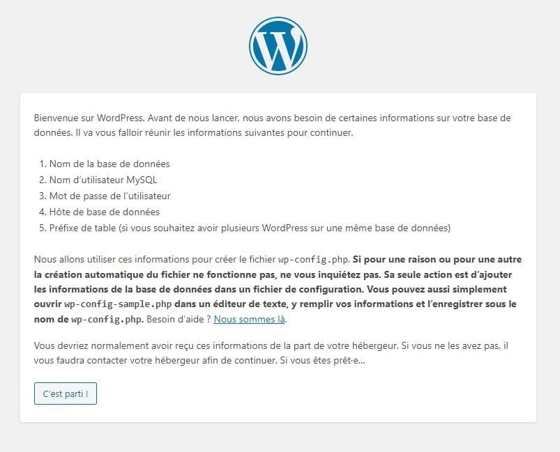 Étape 1 de l'assistant d'installation de WordPress : langue