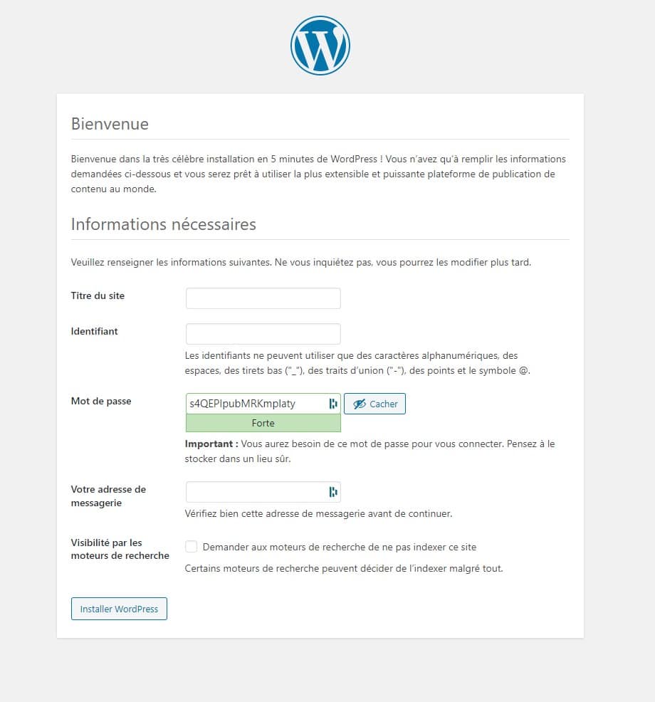 Étape 4 de l'assistant d'installation de WordPress : informations du site
