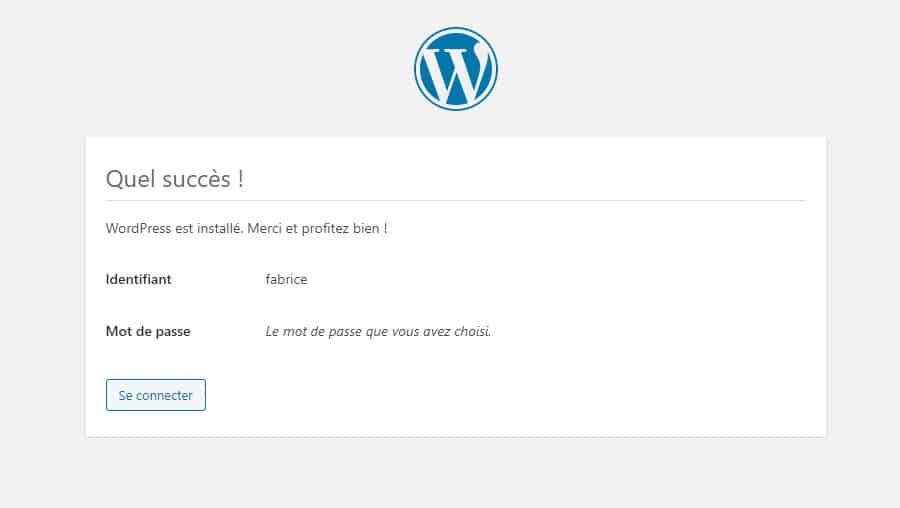 Étape 5 de l'assistant d'installation de WordPress : succès