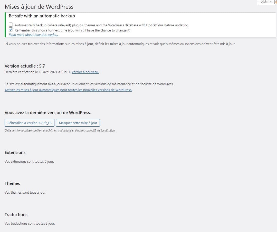mises à jour de wordpress