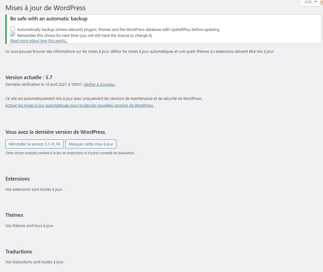 mises à jour de wordpress