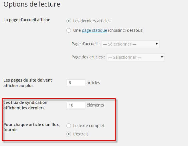 réglages flux rss wordpress