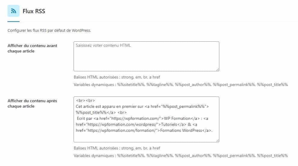 Personnalisation flux RSS dans SEOPress