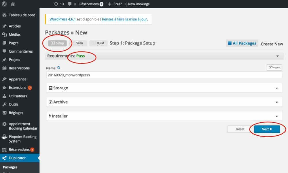 Onglet SetUp pour migration