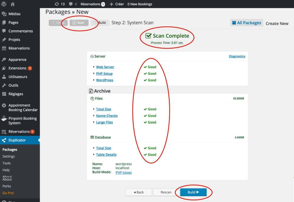 Scan du site WordPress par Duplicator