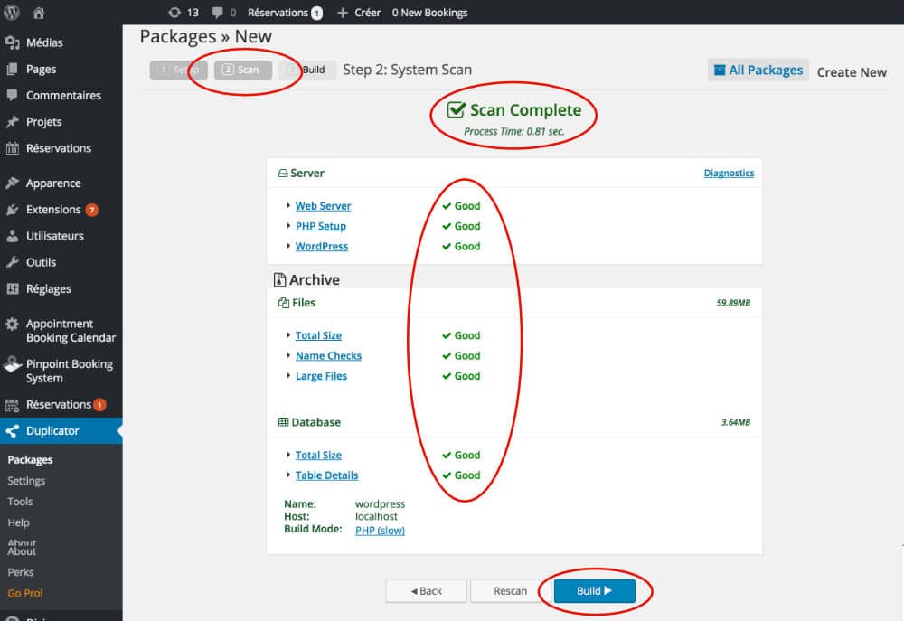Scan du site WordPress par Duplicator