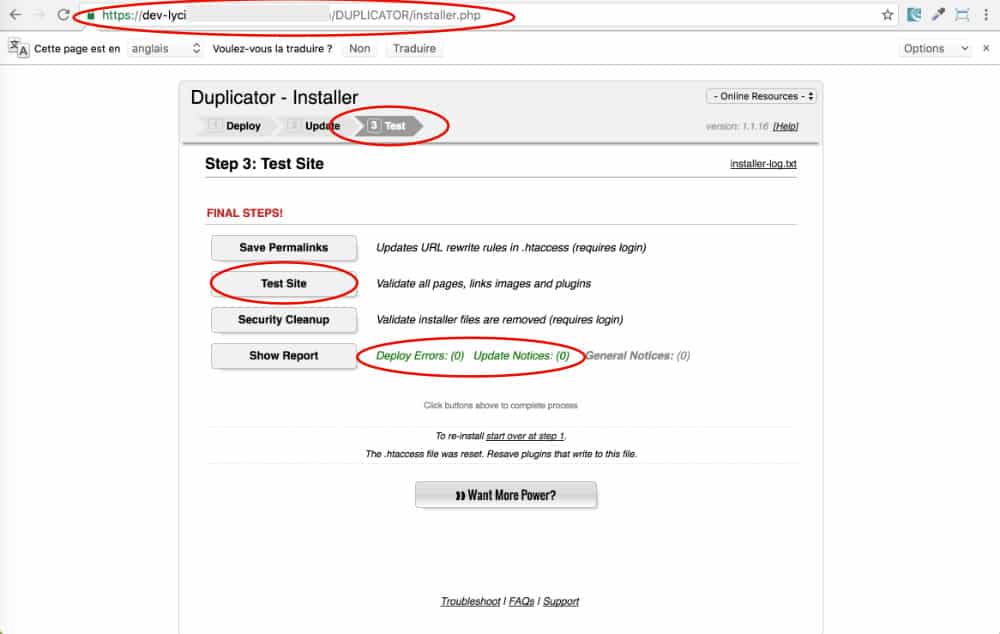 Tester son nouveau site créé avec Duplicator