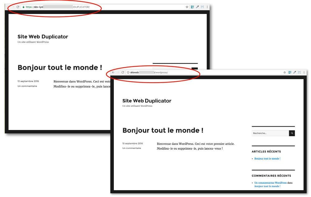Les deux sites WordPress sont identiques